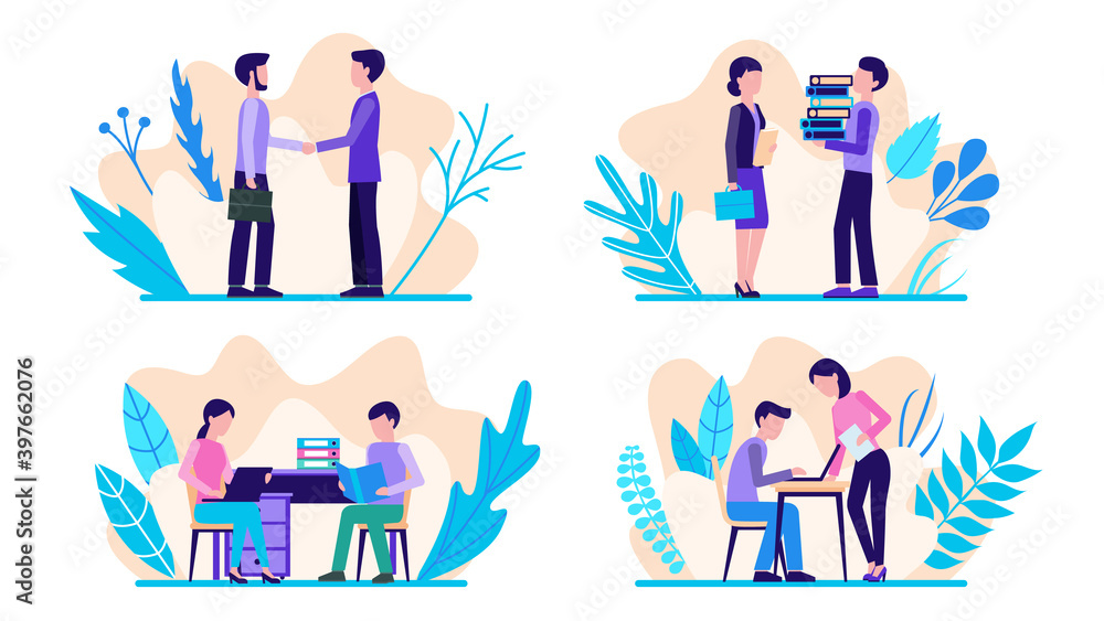 People work in the office. Set of scenes. Flat design. Vector illustration. People work in the office. Set of scenes. Flat design. Vector illustration.