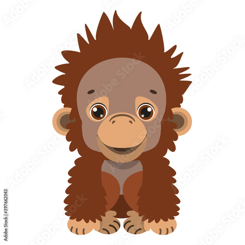 A cute baby orangutan. Fauna of the rain forests of Asia. Vector illustration. Cartoon style.