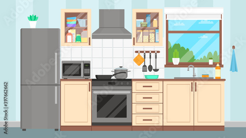 kitchen interior. Furniture, appliances, dishes and cookware. Flat design. Vector illustration.