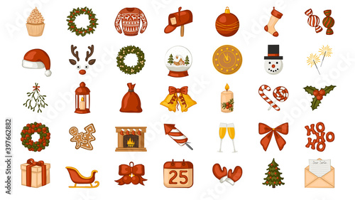 Set of Christmas icons. Collection of traditional holiday items for decoration. Isolated objects on a white background. Vector illustration.