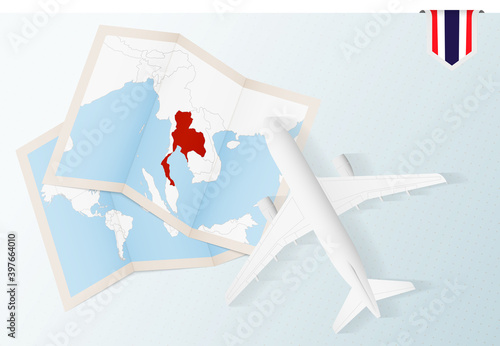 Travel to Thailand, top view airplane with map and flag of Thailand.