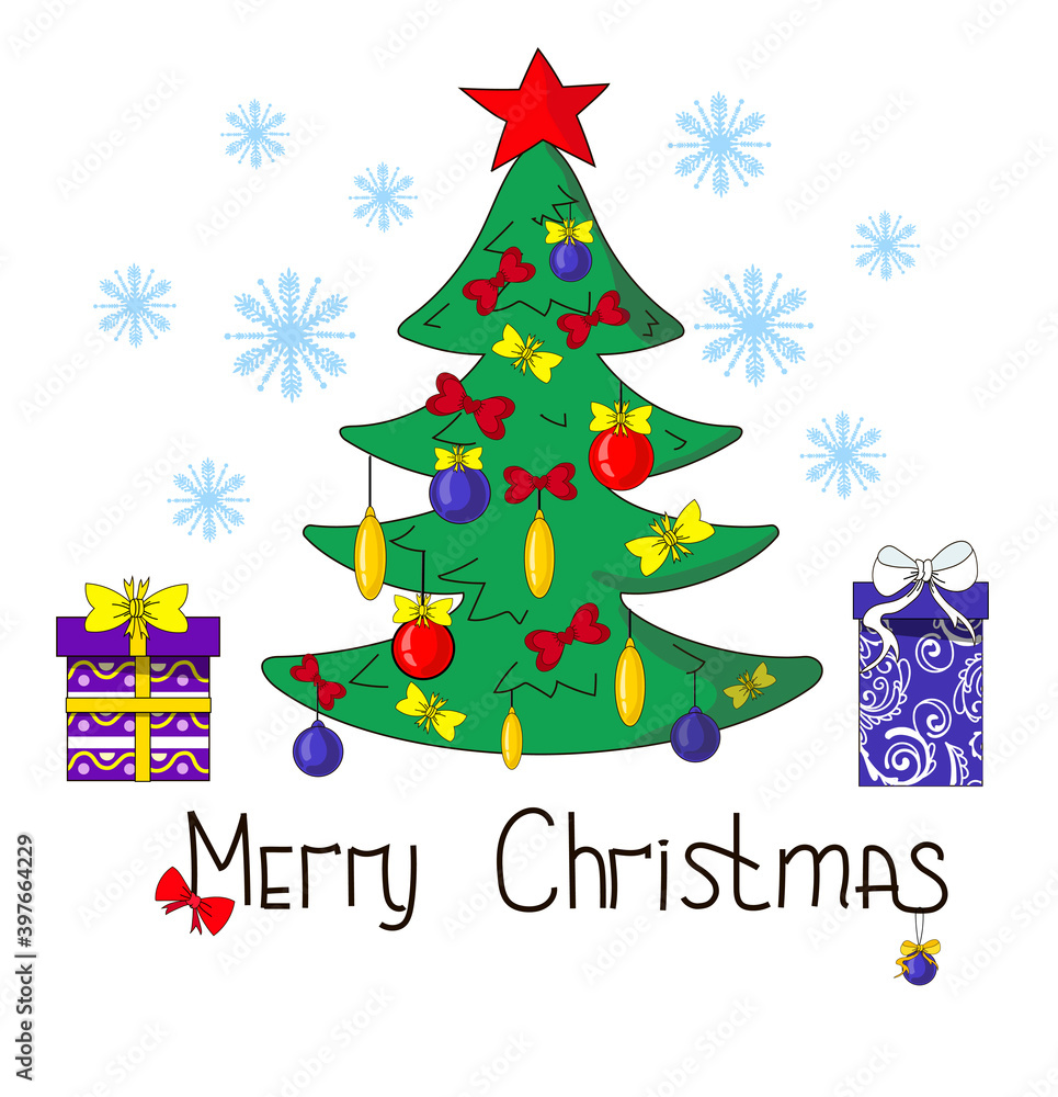 Christmas card. A tree with Christmas balls, bows, gifts are lying nearby and snowflakes are flying. Drawn lettering - Merry Christmas. Stock vector illustration in cartoon style. Christmas card. A tree with Christmas balls, bows, gifts are lying nearby and snowflakes are flying. Drawn lettering - Merry Christmas. Stock vector illustration in cartoon style.