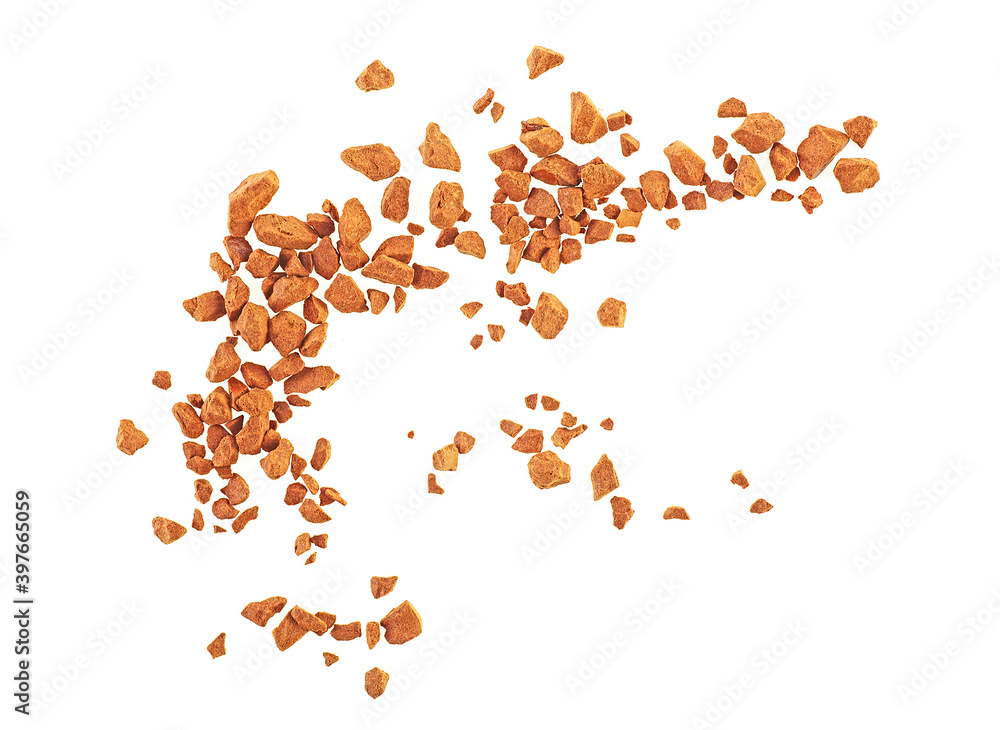 Instant coffee grains isolated on a white background, top view. Granulated coffee.