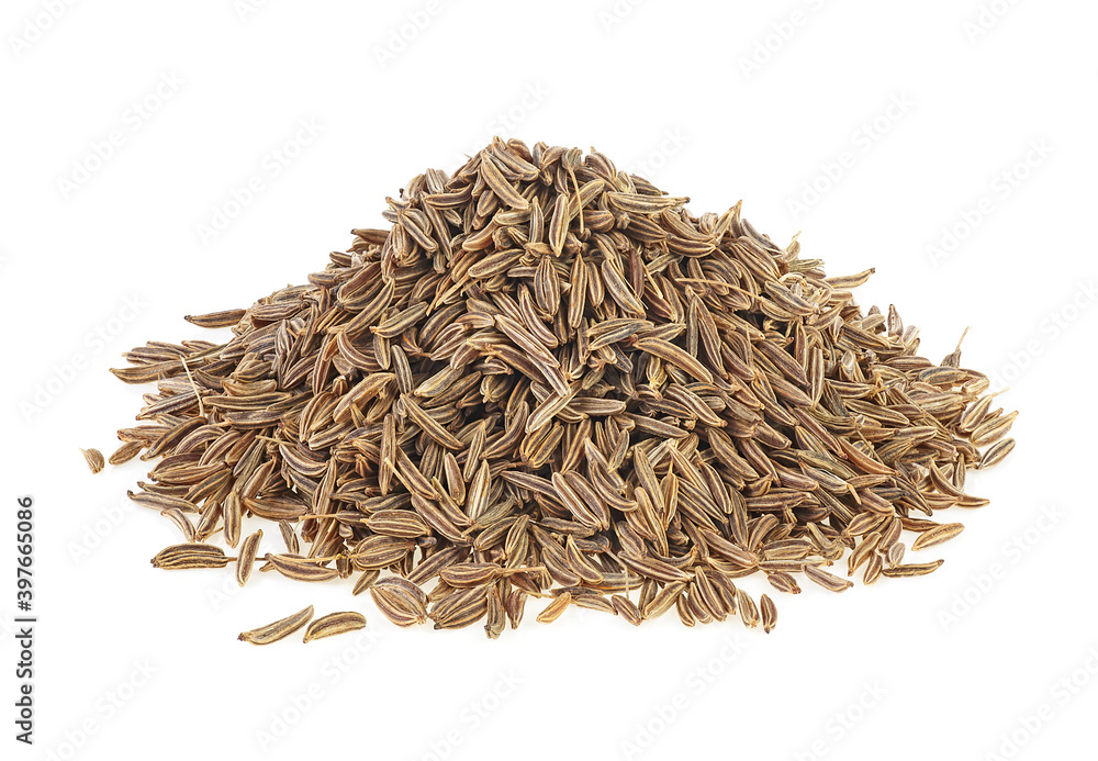 Pile of cumin seeds isolated on a white background. Dried cumin seeds. Caraway. Pile of cumin seeds isolated on a white background. Dried cumin seeds. Caraway.