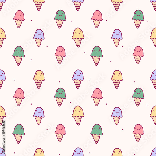 Vector seamless pattern with cute doodle isolated illustrations. Bright multi-colored ice cream cones. Decoration for background or wrapping paper.