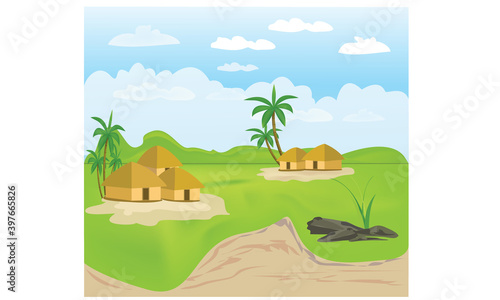 sunny day and tree house in the village area illustrator landscape
