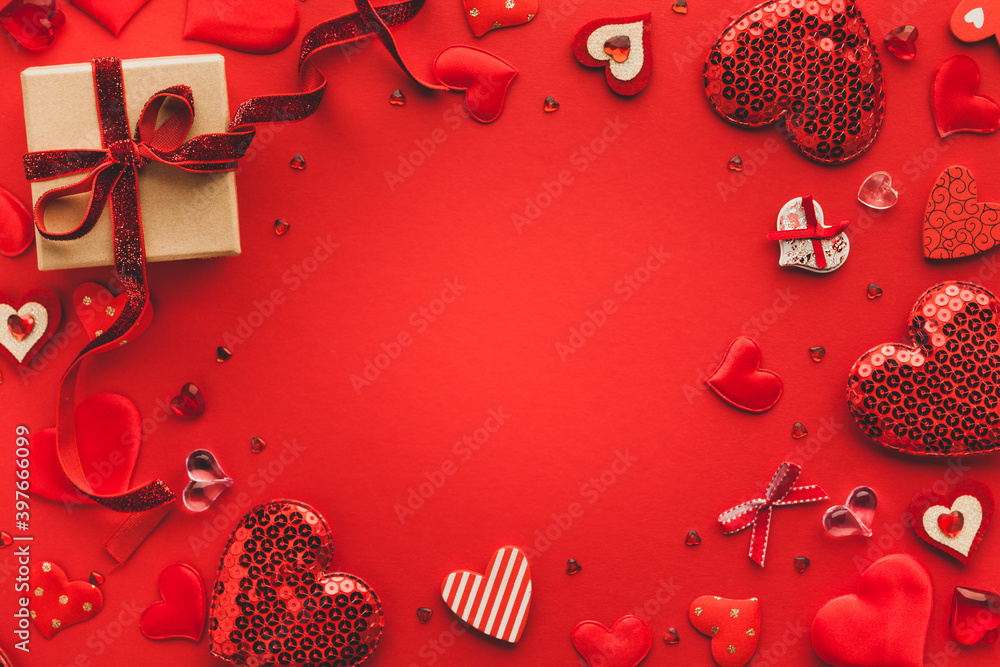 Valentine's day or Wedding romantic concept with Red hearts on red background. Top view, copy space. - obrazy, fototapety, plakaty 