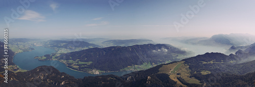 Spectacular view of Austria two lakes Mondsee and Attersee from the Schafberg rock by daylight. Panorama of the Austrian countryside near Salzburg. Highly contoured placeall tourists photo