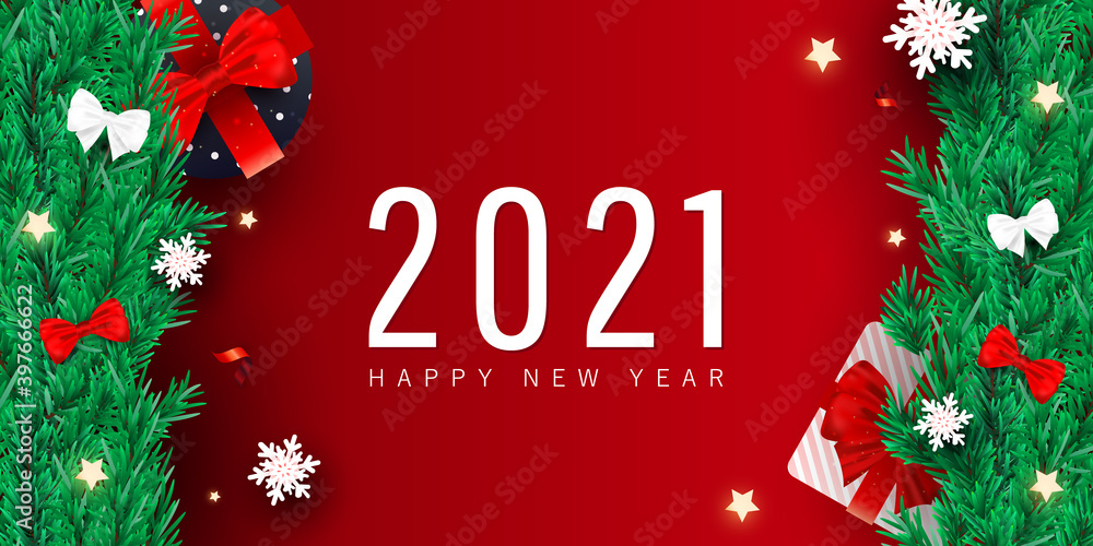 2021 Christmas and New Year creative style background. Xmas gift boxes, snow, red glitter confetti on gradient background. Christmas tree frame branches with decor horizontal banner