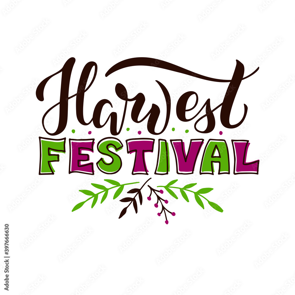 Vector illustration of harvest festival lettering for banner, advertisement, poster, invitation, web design or print. Handwritten text with floral graphics
