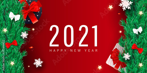 2021 Christmas and New Year creative style background. Xmas gift boxes  snow  red glitter confetti on gradient background. Christmas tree frame branches with decor horizontal banner