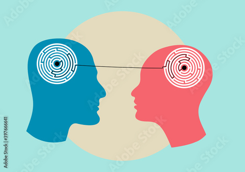 Silhouette of the head of man and woman with maze inside, symbolizing psychological processes of understanding. Vector flat illustration.