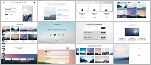 Vector templates for website design, presentations, portfolio, presentation slides, brochure cover, report. Fog, sunrise in morning and sunset in evening. Nature landscape backgrounds with mountains.