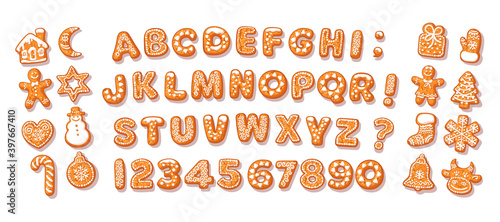 Christmas and New Year gingerbread alphabet and cute traditional holiday cookies. Sugar coated letters and numbers. Cartoon hand drawn vector illustration on white background.