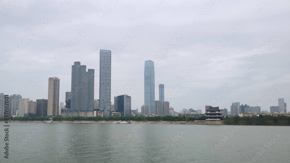 View of skyscrapers, skyline. Xiang River view from Orange Island in Changsha, capital of Hunan Province. China, Asia	