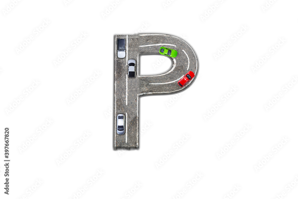 The letter P of the English alphabet made from an asphalt road on which cars are driving, 3D illustration The letter P of the English alphabet made from an asphalt road on which cars are driving, 3D illustration