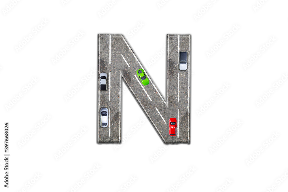 The letter N of the English alphabet made from an asphalt road on which cars are driving, 3D illustration The letter N of the English alphabet made from an asphalt road on which cars are driving, 3D illustration