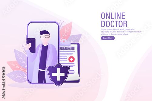 Flat illustration with online doctor. Doctor consultation. Vector illustration flat design. Video chat.