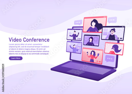 Flat illustration. Video conference. Video call between friends, chatting online by mobile app. Stay at home, work, communication remotely. Vector illustration.