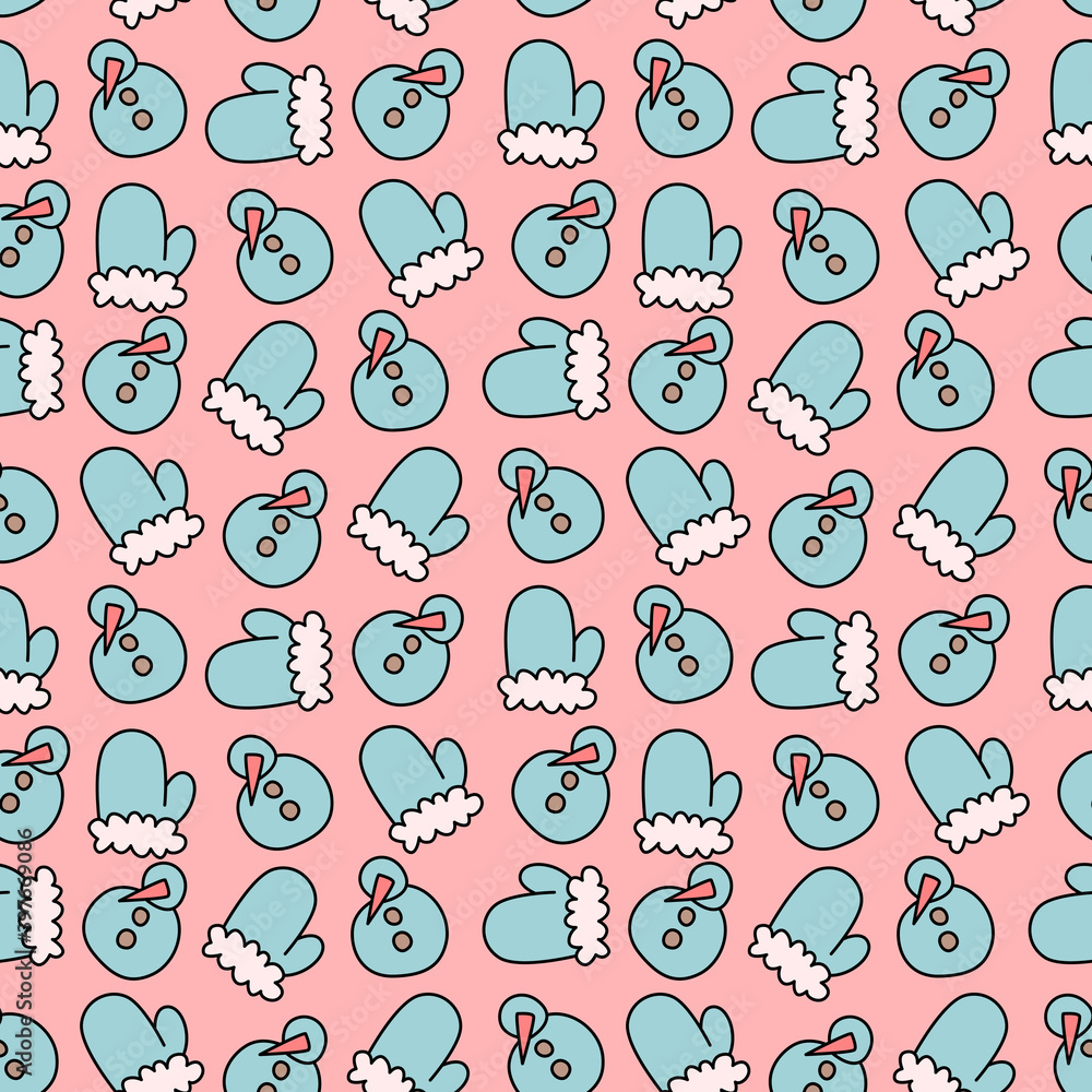 Pink seamless pattern with blue mittens and snowmen. Christmas and New Year design.