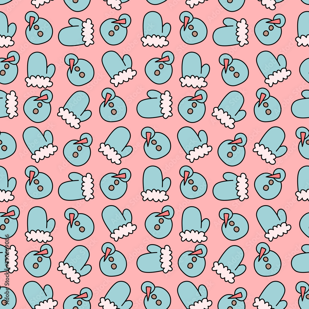 Pink seamless pattern with blue mittens and snowmen. Christmas and New Year design. Pink seamless pattern with blue mittens and snowmen. Christmas and New Year design.