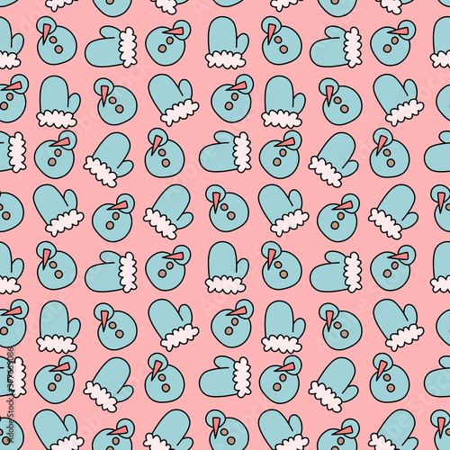 Pink seamless pattern with blue mittens and snowmen. Christmas and New Year design.