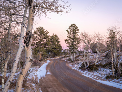 forest road in Vedauwoo Recreation Area, Wyoming,  known to the Arapaho Indians as Land of the Earthborn Spirit, winter scenery photo