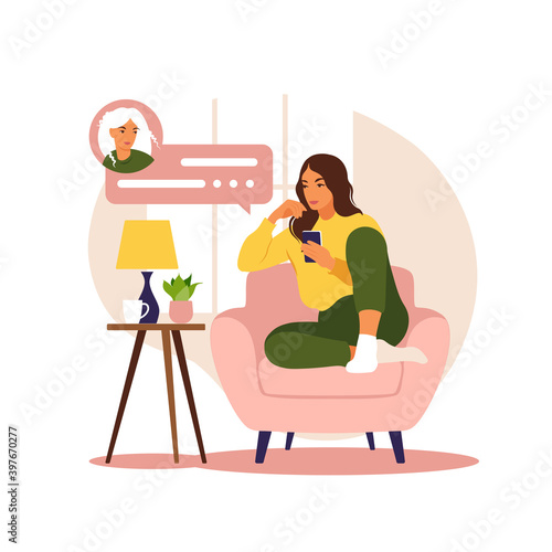 Woman sitting on sofa with phone. Working in phone. Freelance, online education or social media concept. Flat style. Vector illustration isolated on white.