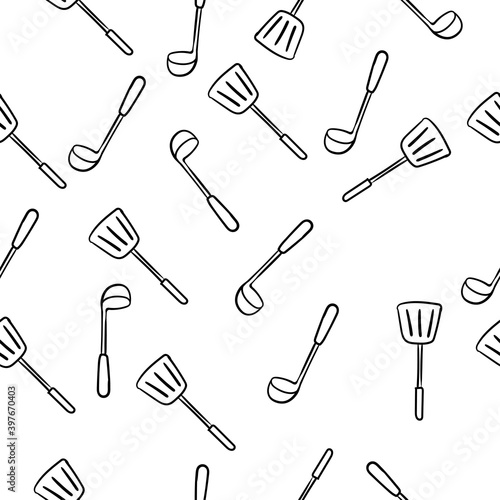 Hand drawn ladle and spatula in one stroke style, simple flat vector illustration, seamless pattern
