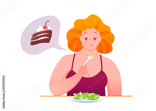 Sad fat woman eats green salad vector illustration. Cartoon woman character sitting at table, eating diet healthy food, dreaming of unhealthy piece of chocolate cake isolated on white.