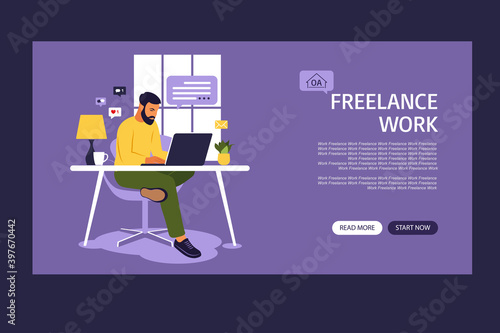 Man sitting in a sofa and working online at home. Home working . Landing page. Freelance, online education or social media concept. Vector illustration isolated on white. Flat style.