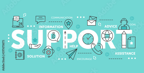 Thin line abstract web design for call center technical online help and assist with tech problems, mobile website banners. Support word vector illustration set.
