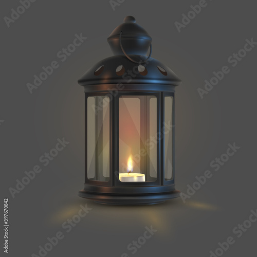 Black Christmas latern, lamp with tealight and glass on dark background. Look like 3d rendering. Happy New Year illustration for greeting card, banner, decor, design, party. 