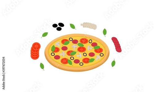 pizza with tomatoes, mushrooms, herbs, pepperoni, olives.