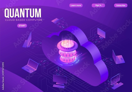 Quantum computer futuristic processor, chip with network, isometric vector illustration, glowing purple design, innovation cloud computing technology