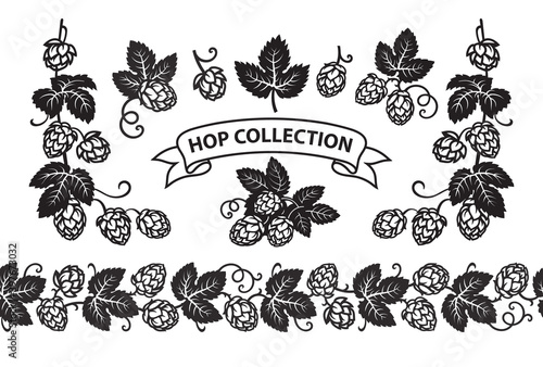 Hop branches with cones and leaves seamless border. Brewery, beer festival, bar, design elements in vintage engraving style. Hand drawn vector illustration isolated on white background.