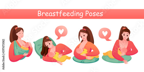 Breastfeeding poses set, cartoon mom character feeds baby