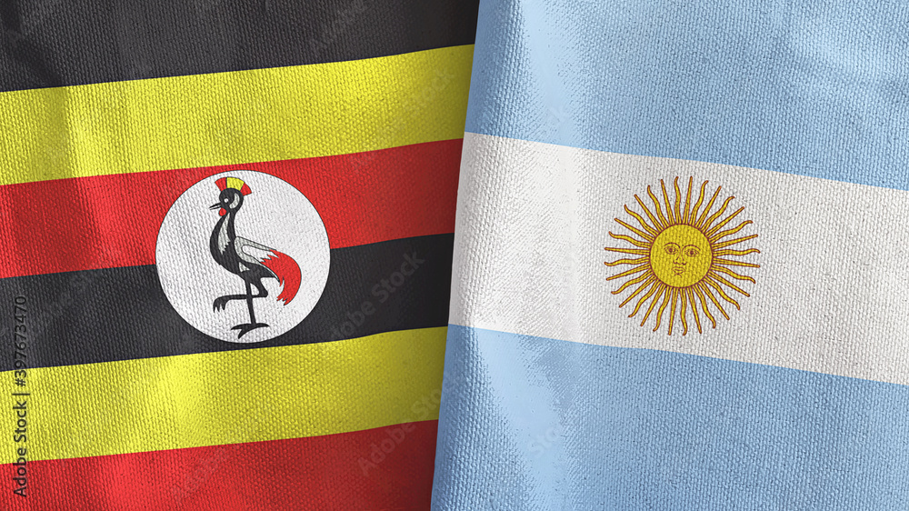 Argentina and Uganda two flags textile cloth 3D rendering