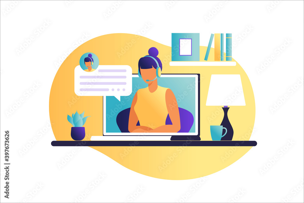 Woman sitting at the table with laptop. Working on a computer. Freelance, online education or social media concept. Working from home, remote job. Flat style. Vector illustration.