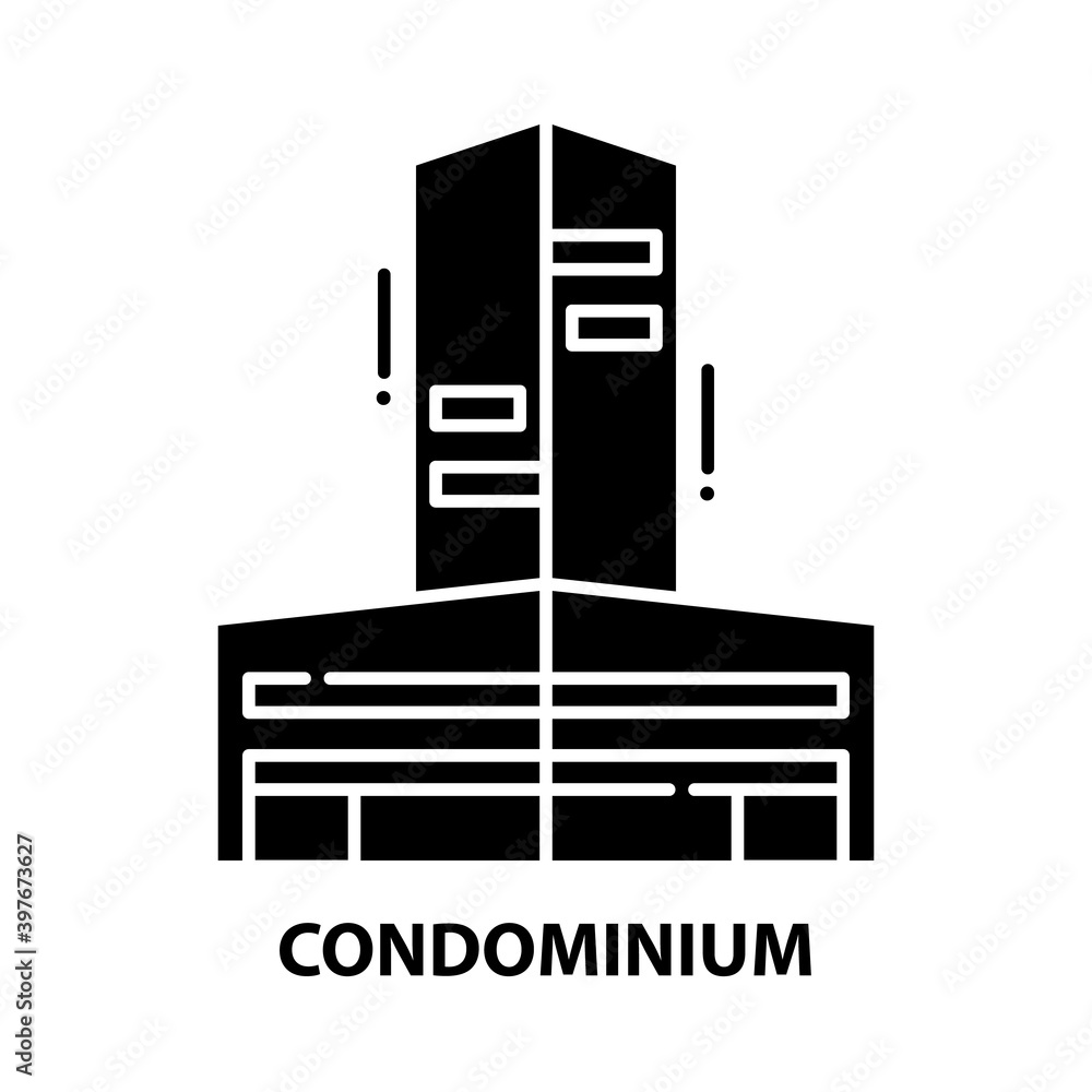 condominium icon, black vector sign with editable strokes, concept illustration condominium icon, black vector sign with editable strokes, concept illustration