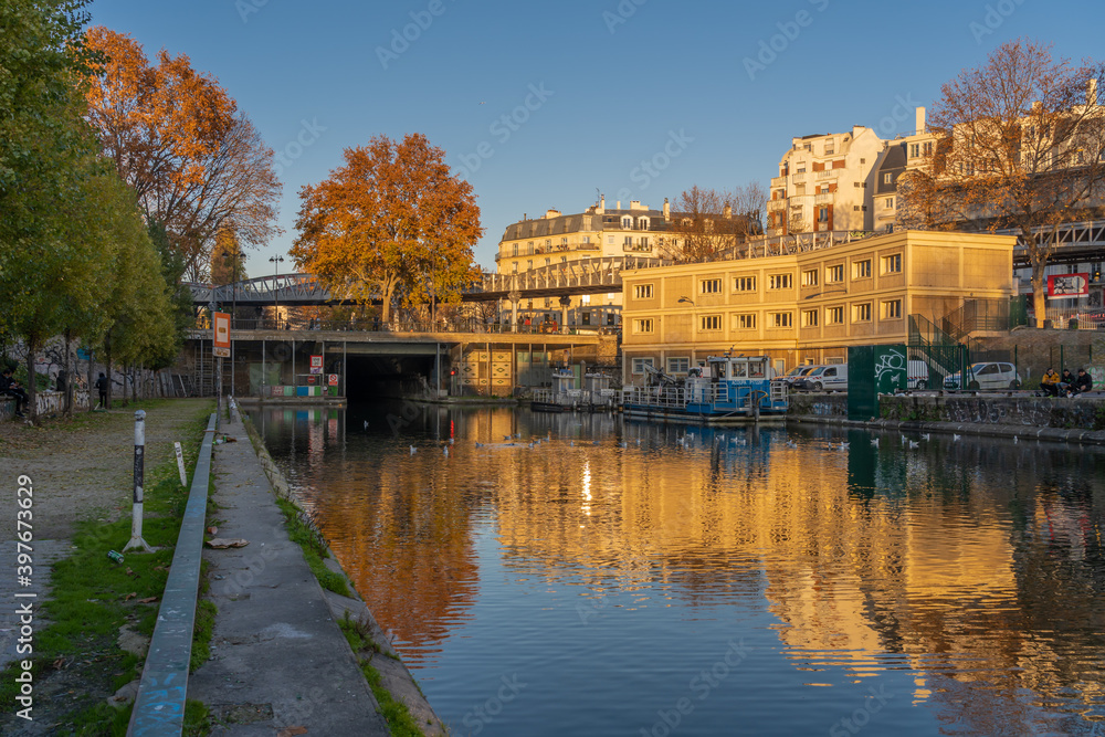 Paris, France - 12 28 2019: Canal Saint-Martin at sunset