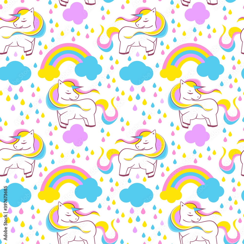 Seamless pattern with unicorns, rainbow and other cute elements. Background with stickers, Hand drawn style Perfect for wrapping paper or nursery decor, vector illustration