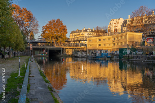 Paris, France - 12 28 2019: Canal Saint-Martin at sunset