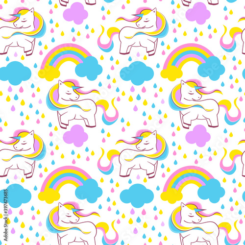 Seamless pattern with unicorns  rainbow and other cute elements. Background with stickers  Hand drawn style Perfect for wrapping paper or nursery decor  vector illustration