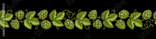 Hop branches with cones and leaves seamless border. Brewery, beer festival, bar, design elements in vintage engraving style. Hand drawn vector illustration isolated on black background.