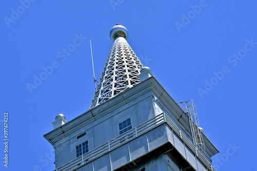 Top of railroad bridge tower showing the elegant design of the structure