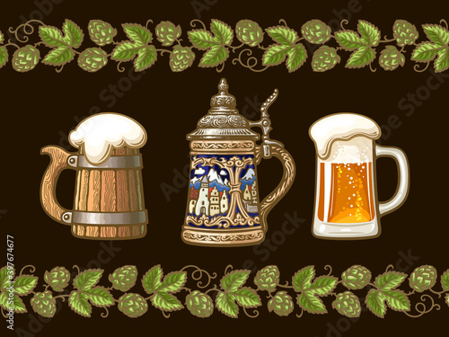 Vintage colorful set of beer mugs framed by branches of hop. Old wooden mug. Traditional German stein. Glass mug with foam. Hand drawn vector illustration isolated on dark background.