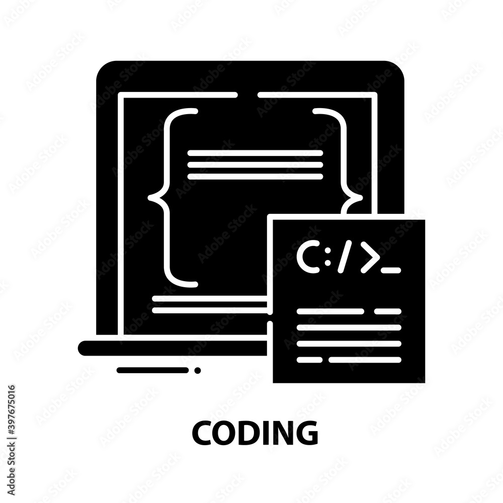 coding icon, black vector sign with editable strokes, concept illustration coding icon, black vector sign with editable strokes, concept illustration