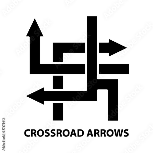 crossroad arrows icon, black vector sign with editable strokes, concept illustration