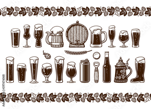 Various types of beer glasses and mugs. Seamless border. Hand drawn engraving style vector illustration isolated on white background. Design elements for brewery, beer festival, bar, pub decoration.